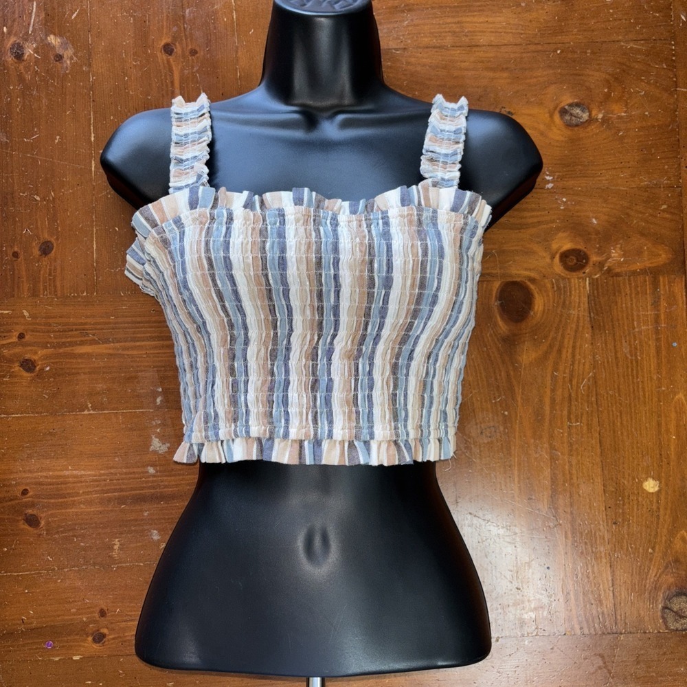 Altar'd State Stripped Peasant Elastic Ruffled Crop Top Size Small